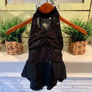 Weissman’s Black Stretch High Neck Sequin Mesh Leotard with Ruffle Skirt S